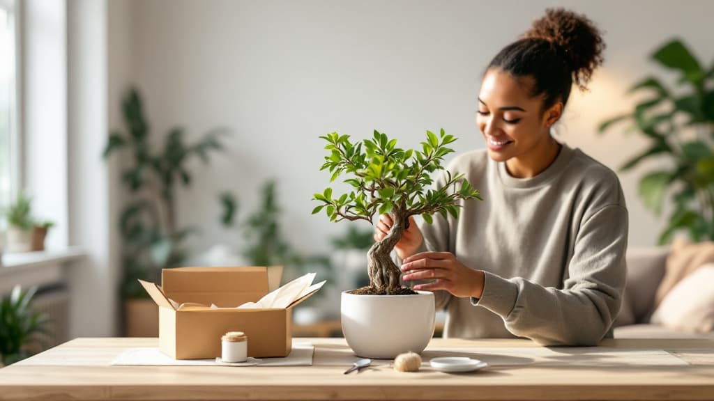 Healthy bonsai tree with detailed care card